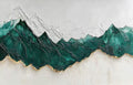 A jagged jade-green mountain ridge in sculpted paint on white