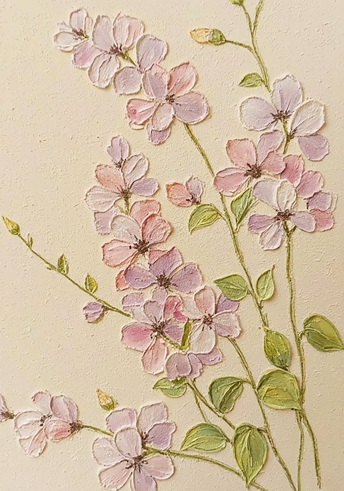 Sculpted pink blossoms on slender stems over cream