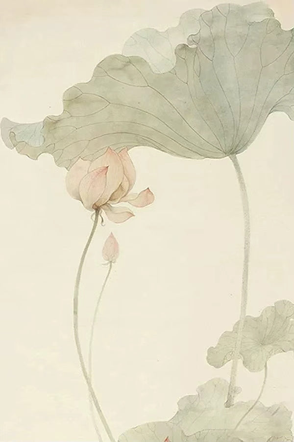 A pale lotus bud beneath a large sage lotus leaf on cream