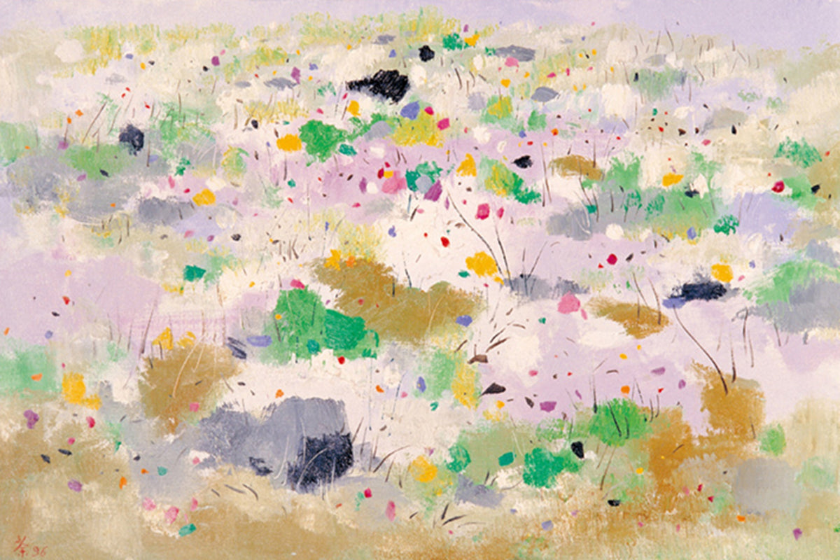 Scattered dabs of green, pink and lilac like a distant meadow