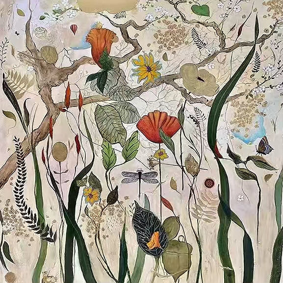 Poppies, seed heads and a dragonfly woven through a branching garden