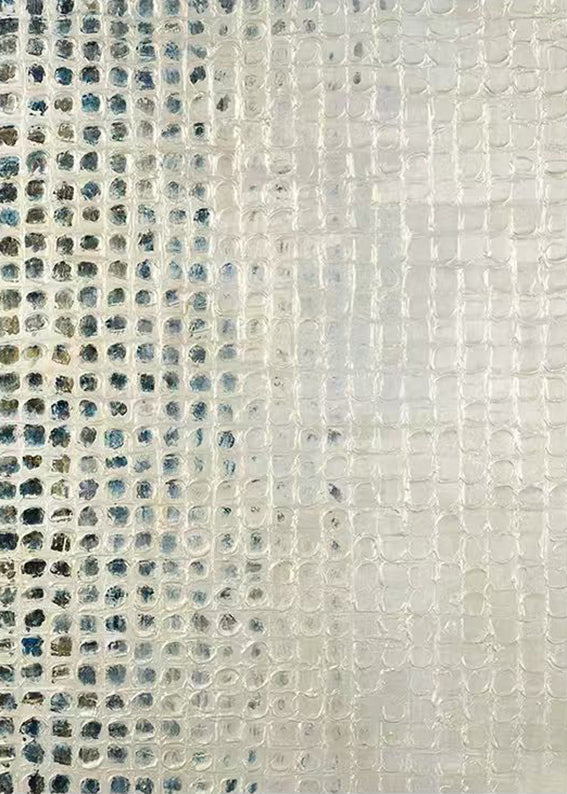 A shimmering grid of silver and slate dabs over ivory
