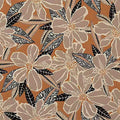 Large outlined blossoms and black leaves on a rust-orange ground