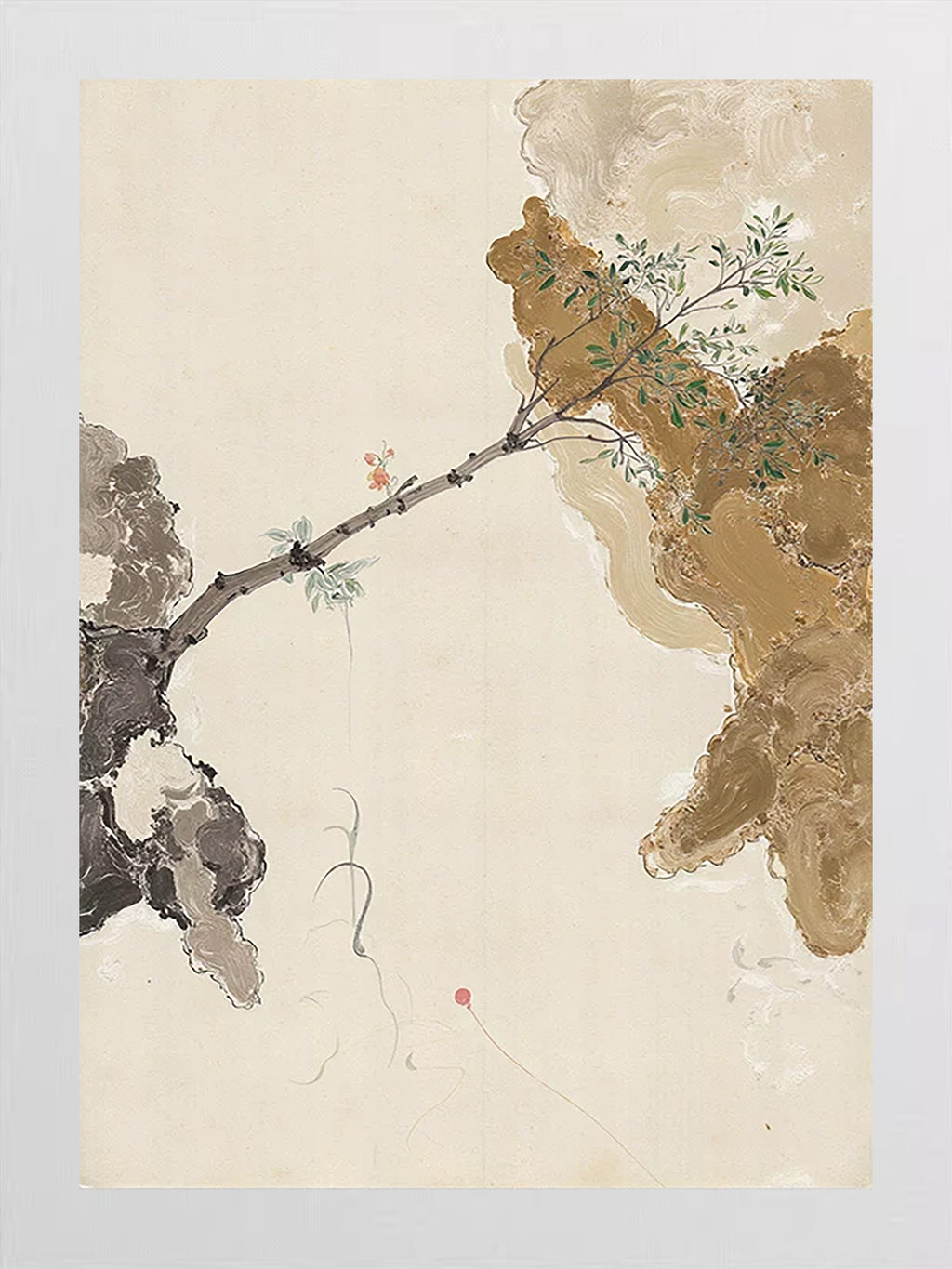 A blossoming branch reaching across fragments of stone on cream