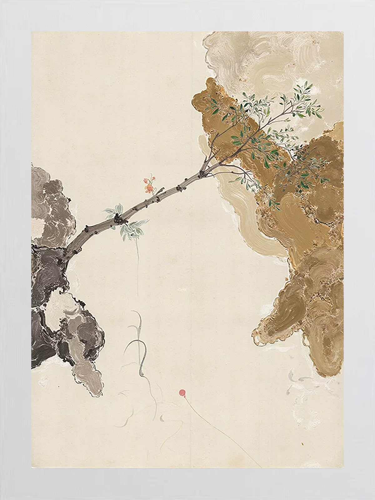 A blossoming branch reaching across fragments of stone on cream