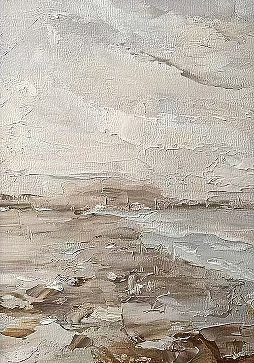 A muted grey shoreline in loose, thick strokes
