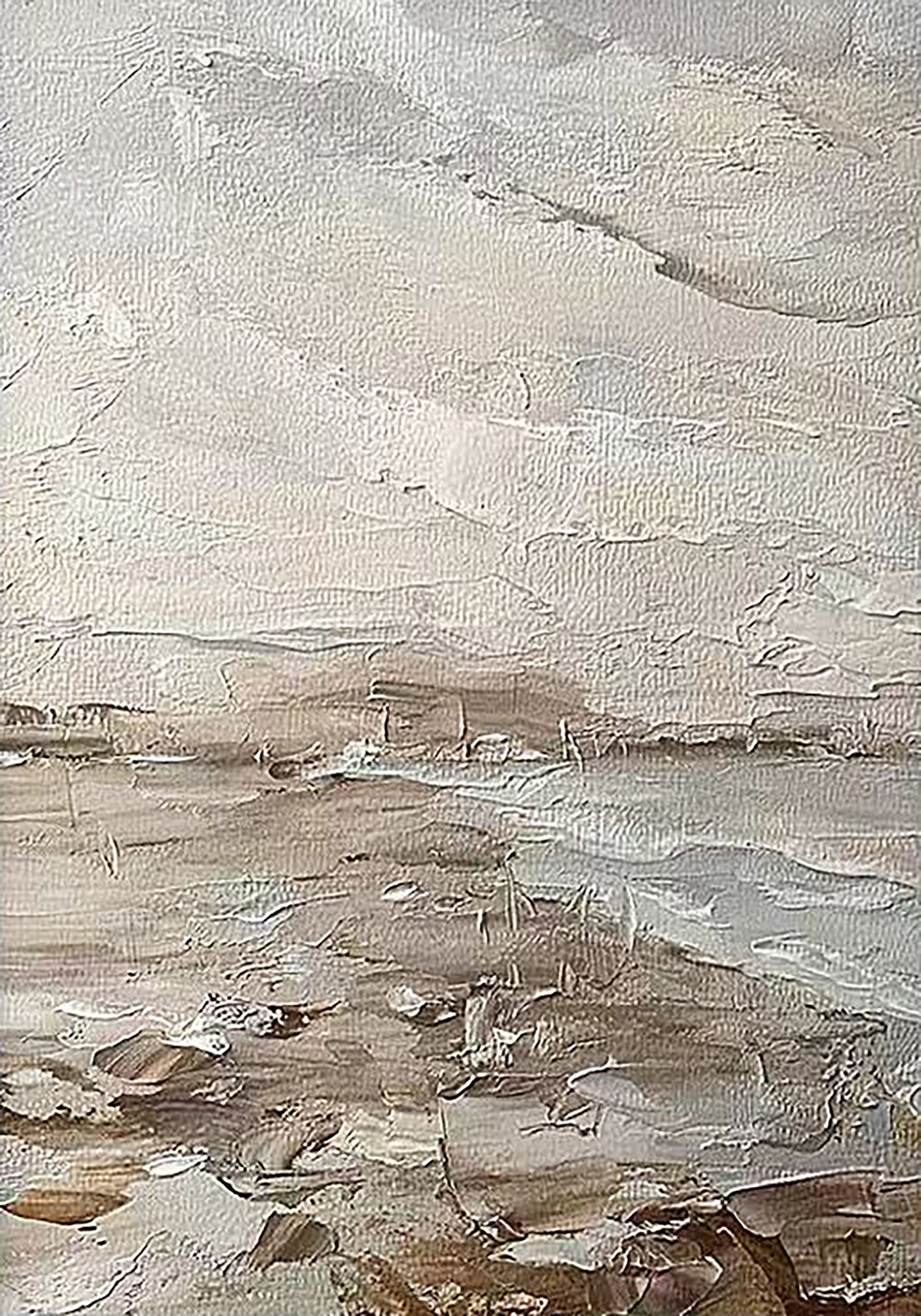 A muted grey shoreline in loose, thick strokes
