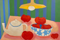 A teapot and red apples in a spotted bowl under a hanging lamp