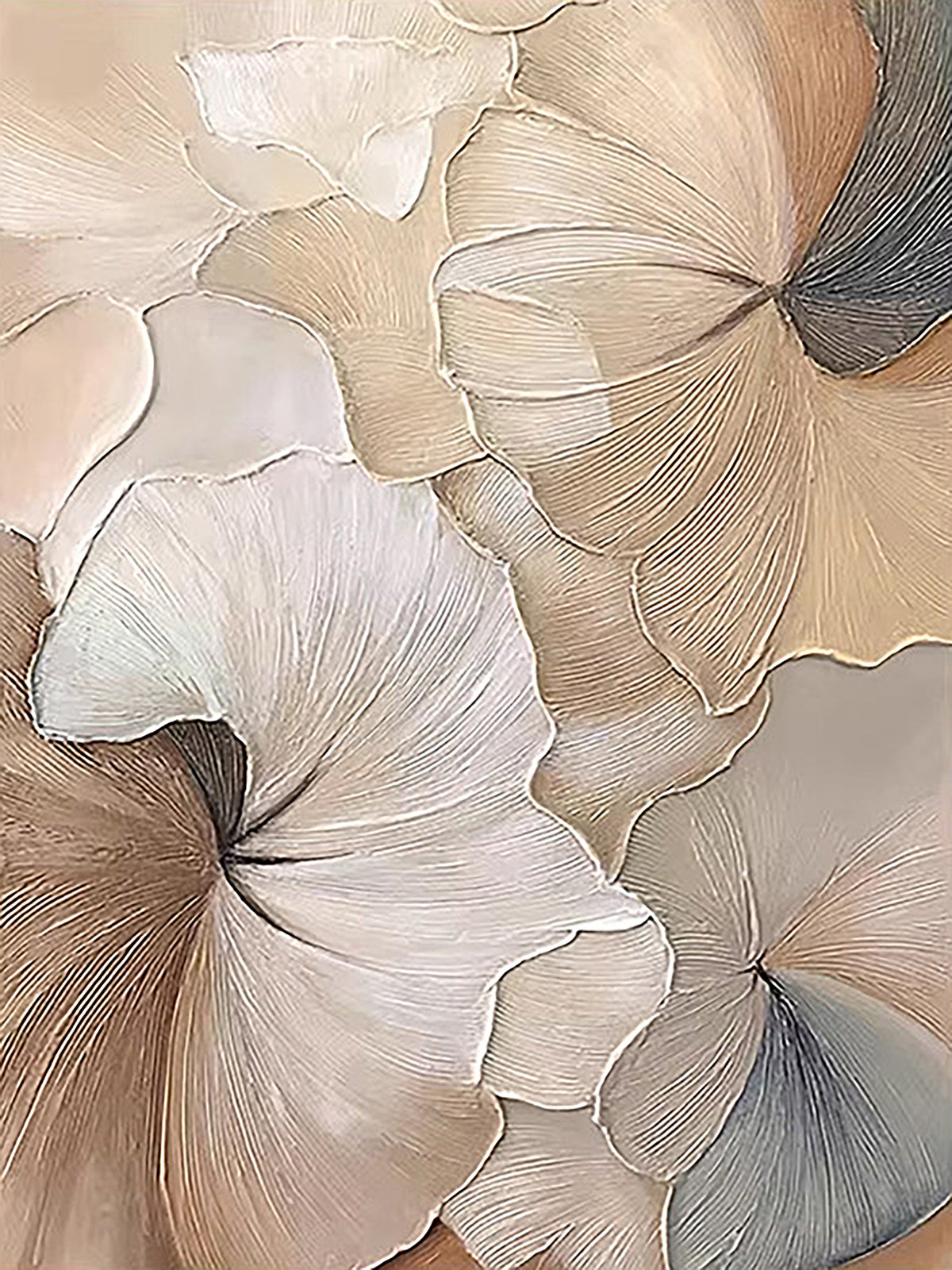 Large ginkgo-like fans layered in cream, taupe and grey
