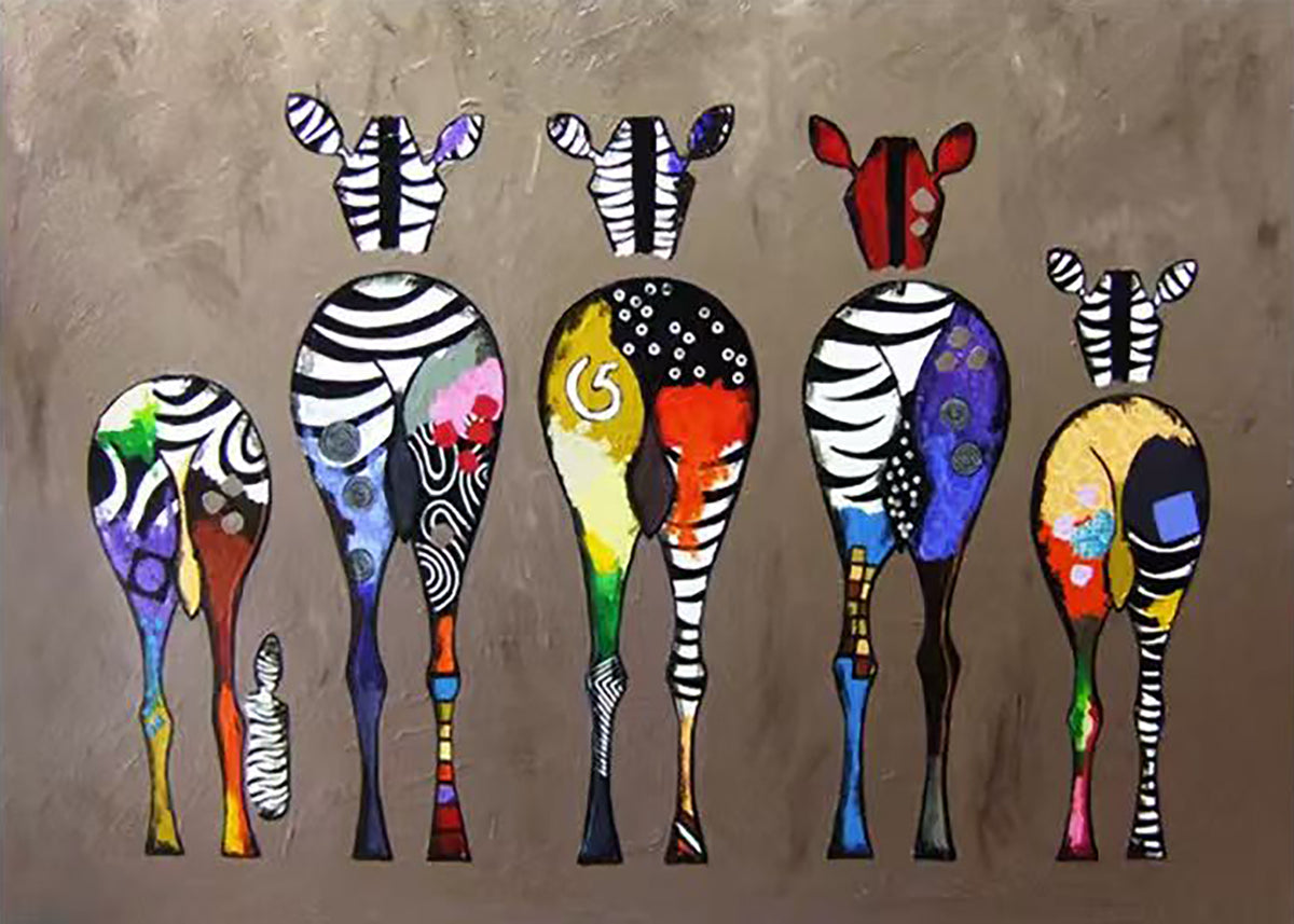 Five zebras seen from behind, patched with bright colors
