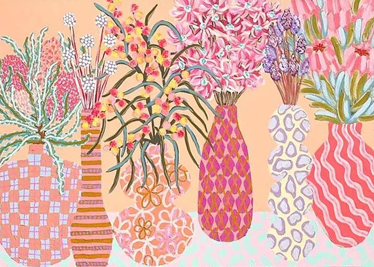 A row of pink patterned vases holding playful bouquets