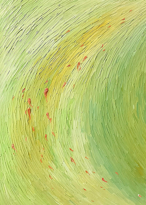 Fine sweeping lines of lime and green with red flecks