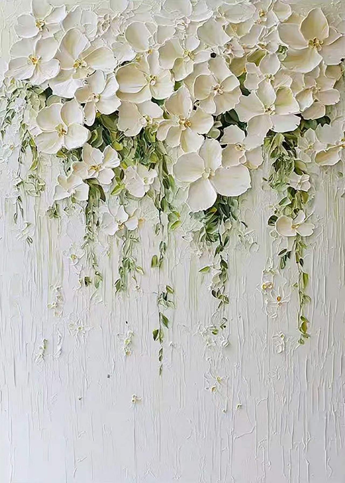White blossoms cascading in thick relief with trailing green vines