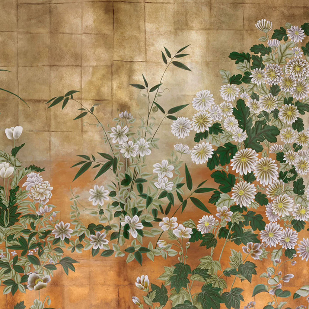 Lilac chrysanthemums massed over a gold leaf wall
