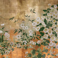 Lilac chrysanthemums massed over a gold leaf wall