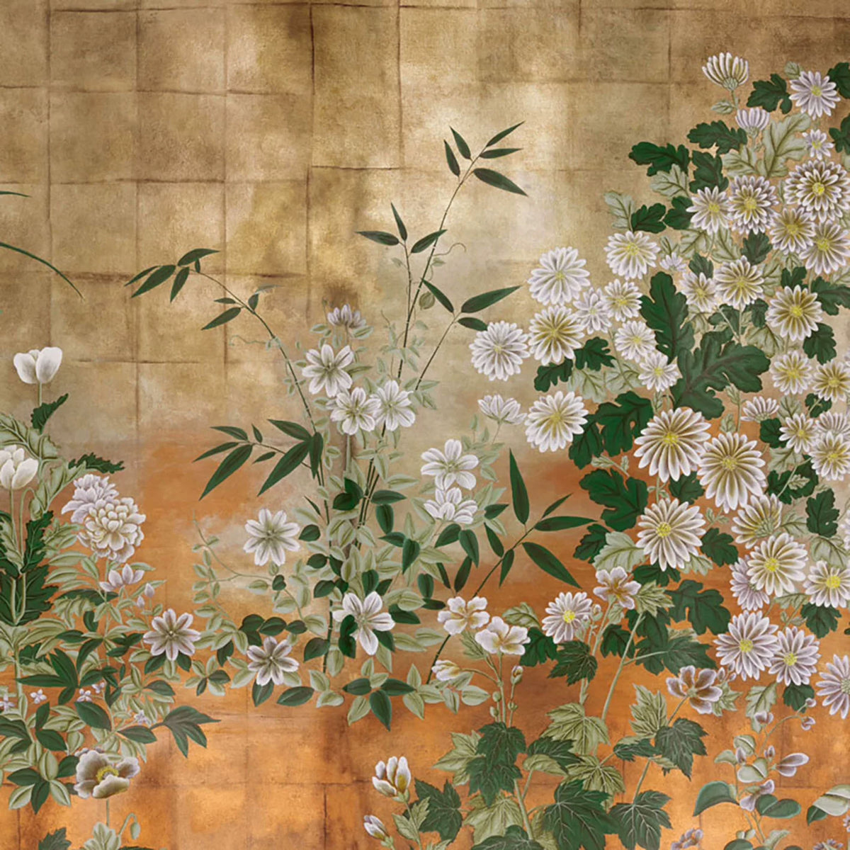 Lilac chrysanthemums massed over a gold leaf wall