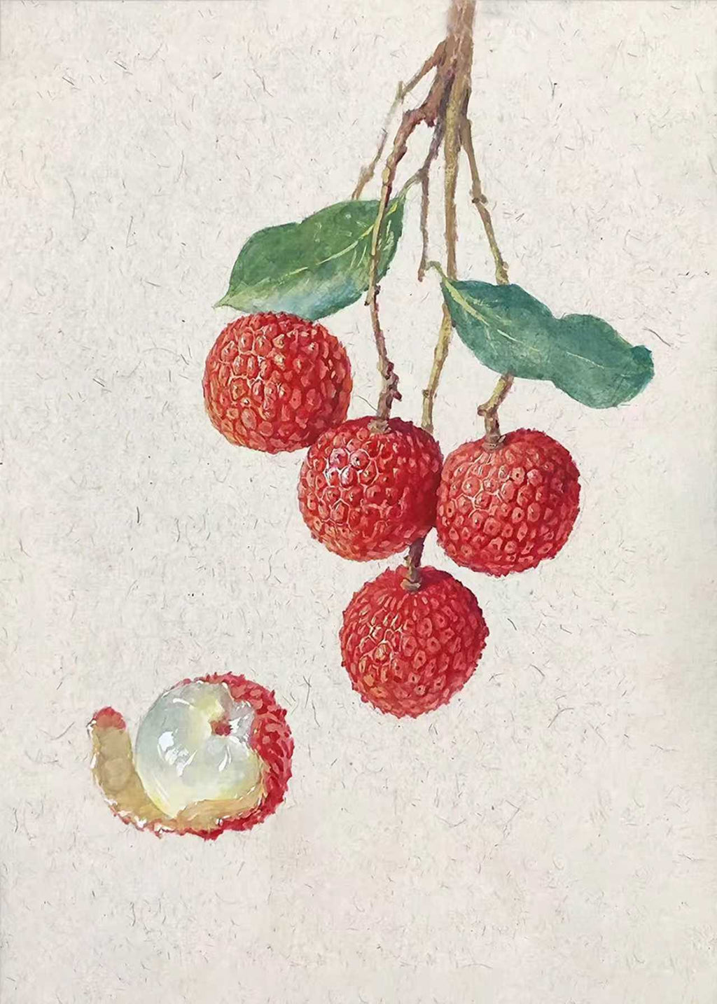 A cluster of red lychees hanging from a fine stem, one peeled