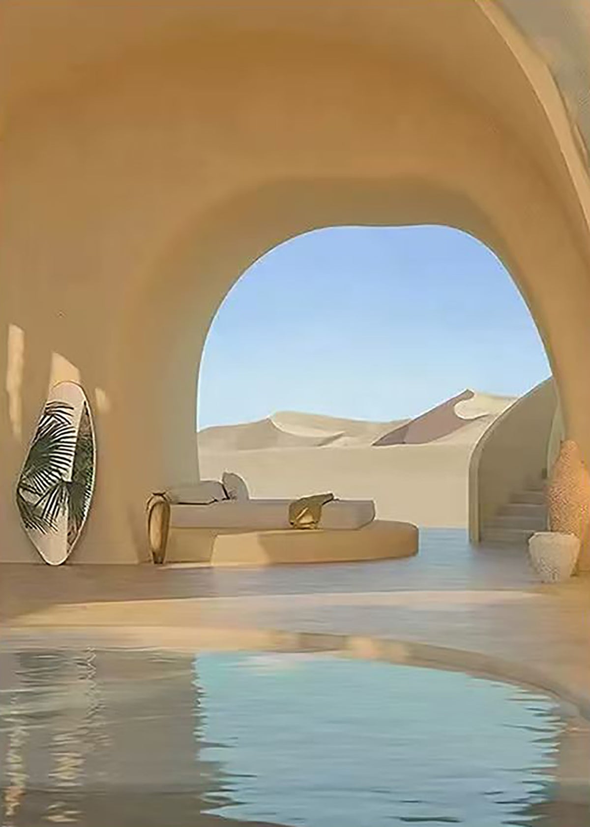 A curved earth arch opening onto dunes and a still blue pool