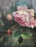A full pink rose and a red bud glowing out of deep shadow