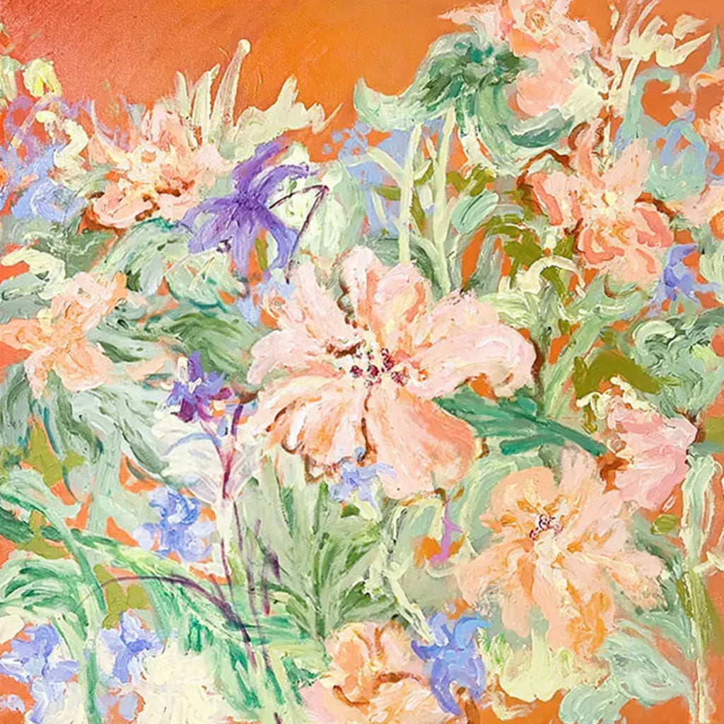 Peach lilies and violet irises tangled on bright tangerine