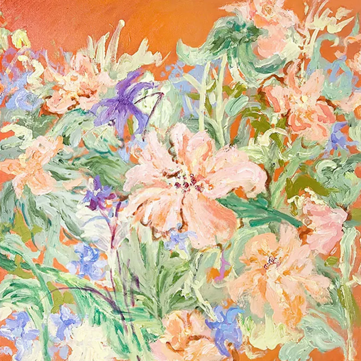 Peach lilies and violet irises tangled on bright tangerine