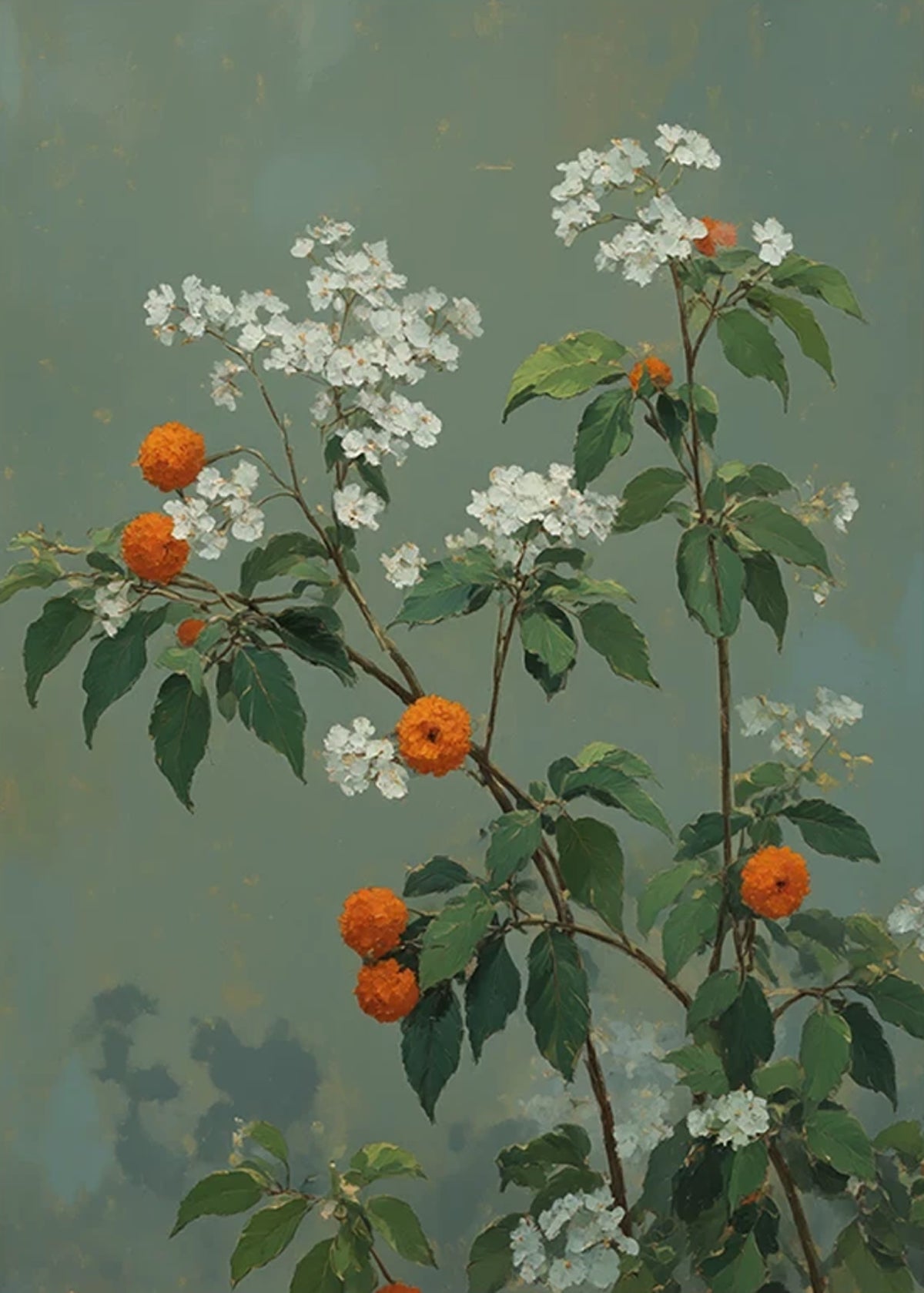White flower clusters and orange berries on a muted slate ground