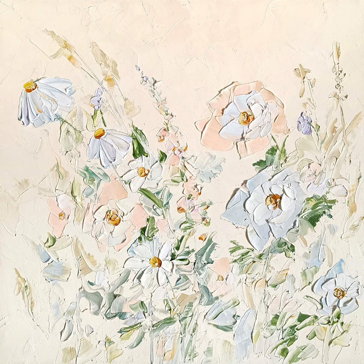 White daisies and blush poppies in soft palette-knife paint