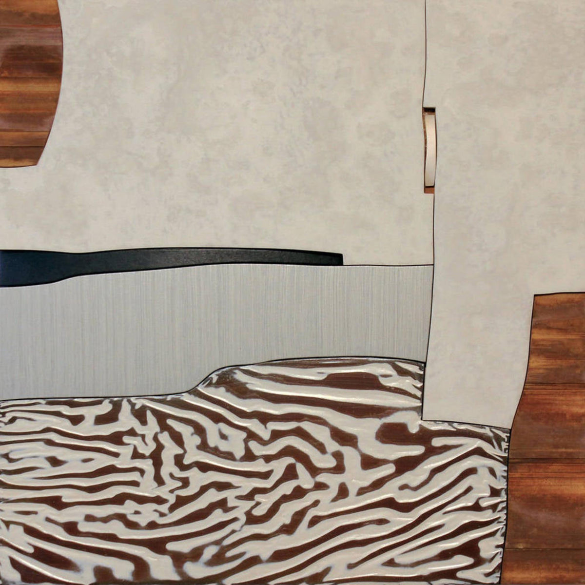 A zebra-striped band among planes of cream, walnut and black