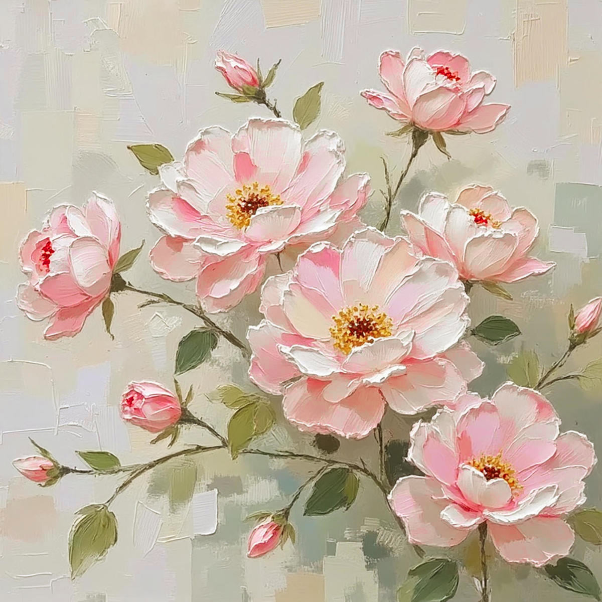 Pink peonies and buds sculpted on a soft grey-green ground