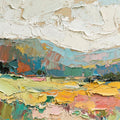 Bright bands of field, hills and sky laid in thick palette-knife paint