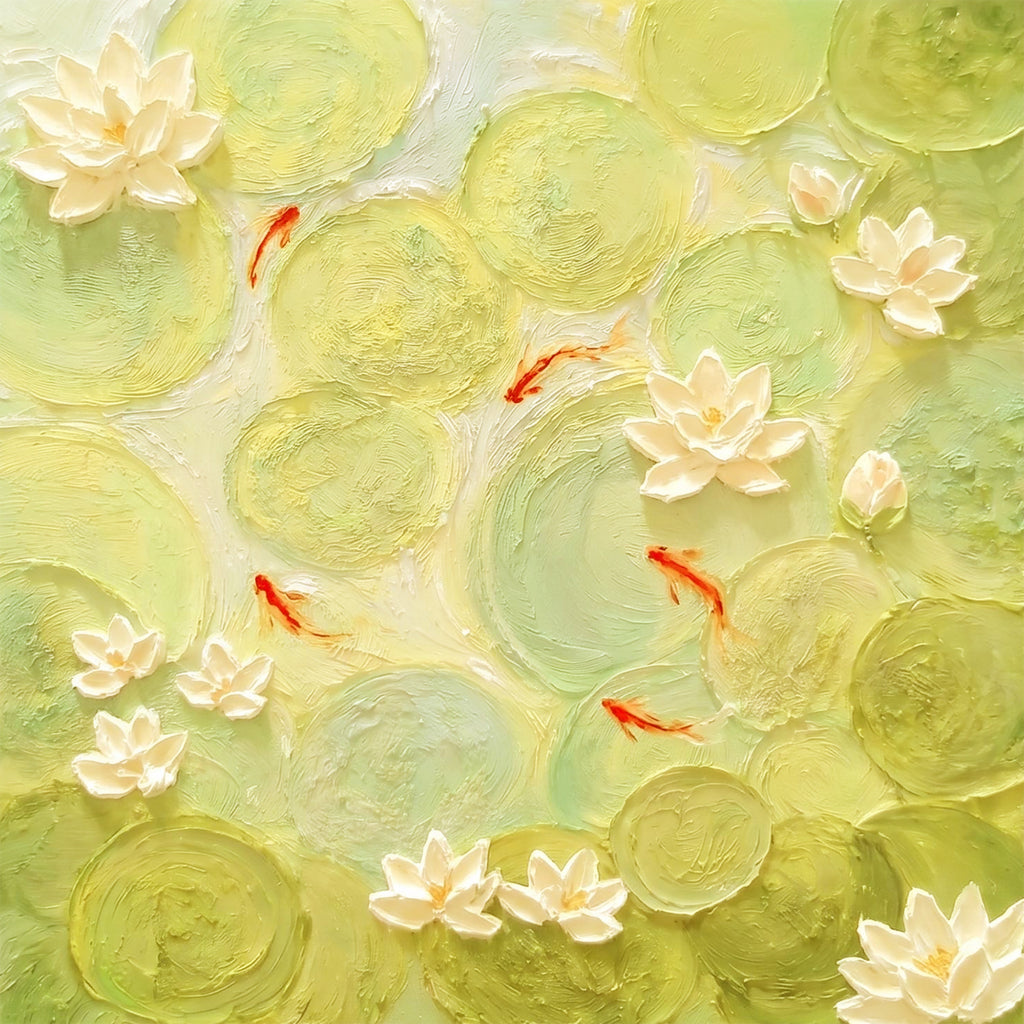 White lotus and red koi among lime lily pads in sculpted texture