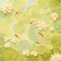 White lotus and red koi among lime lily pads in sculpted texture