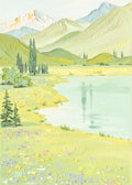 A clear green lake beneath snowy peaks and meadows of wildflowers