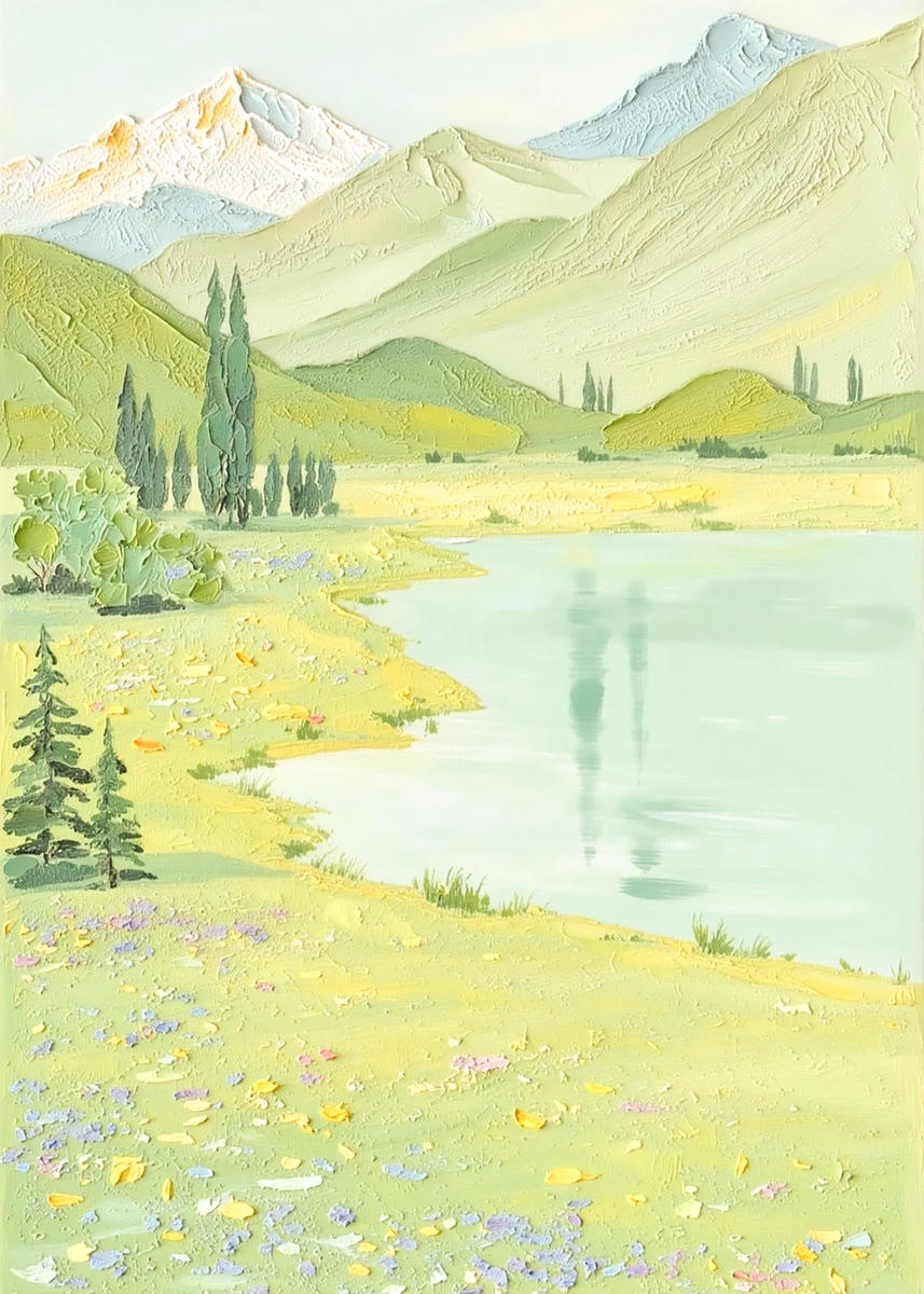 A clear green lake beneath snowy peaks and meadows of wildflowers