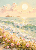 Pink roses on the sand before rolling waves under a pale sun