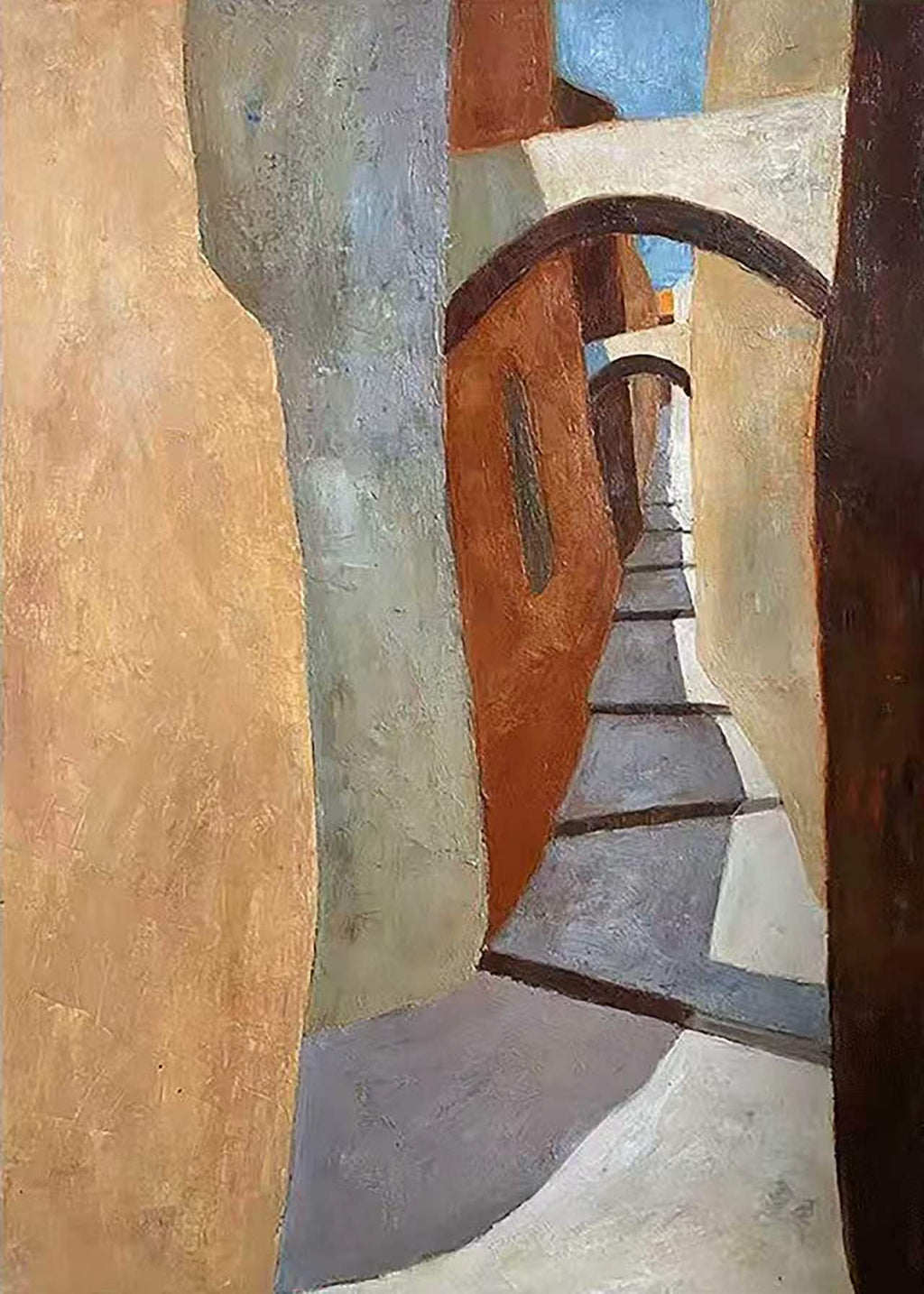 A narrow alley passing under a curved arch in warm ochre walls