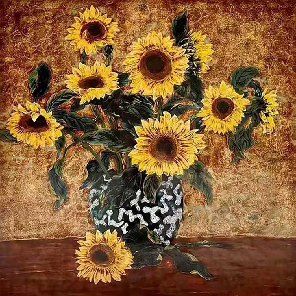 Yellow sunflowers in a black-and-white patterned vase on a burnished brown ground