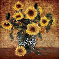 Yellow sunflowers in a black-and-white patterned vase on a burnished brown ground