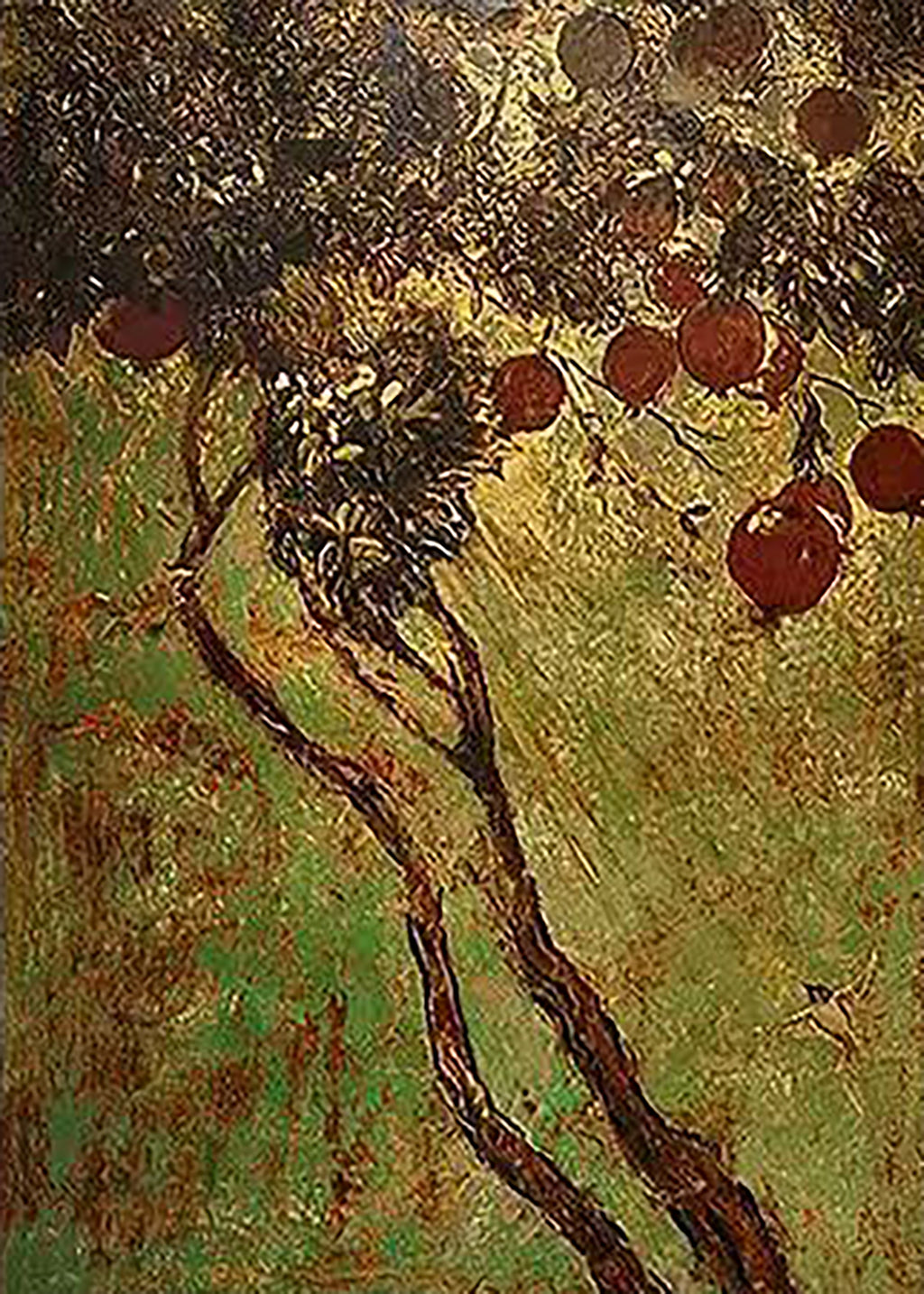A twisting tree bearing red pomegranates on a golden-green ground