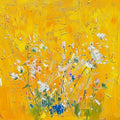 White and blue wildflowers sprung across bright yellow