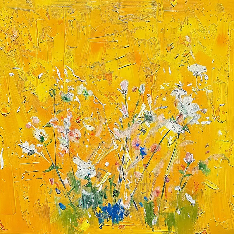White and blue wildflowers sprung across bright yellow