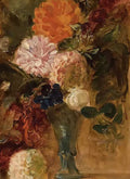 A loose bouquet of dahlias and roses in deep earthy tones