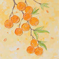 Round orange fruits hanging from a branch on sunny yellow