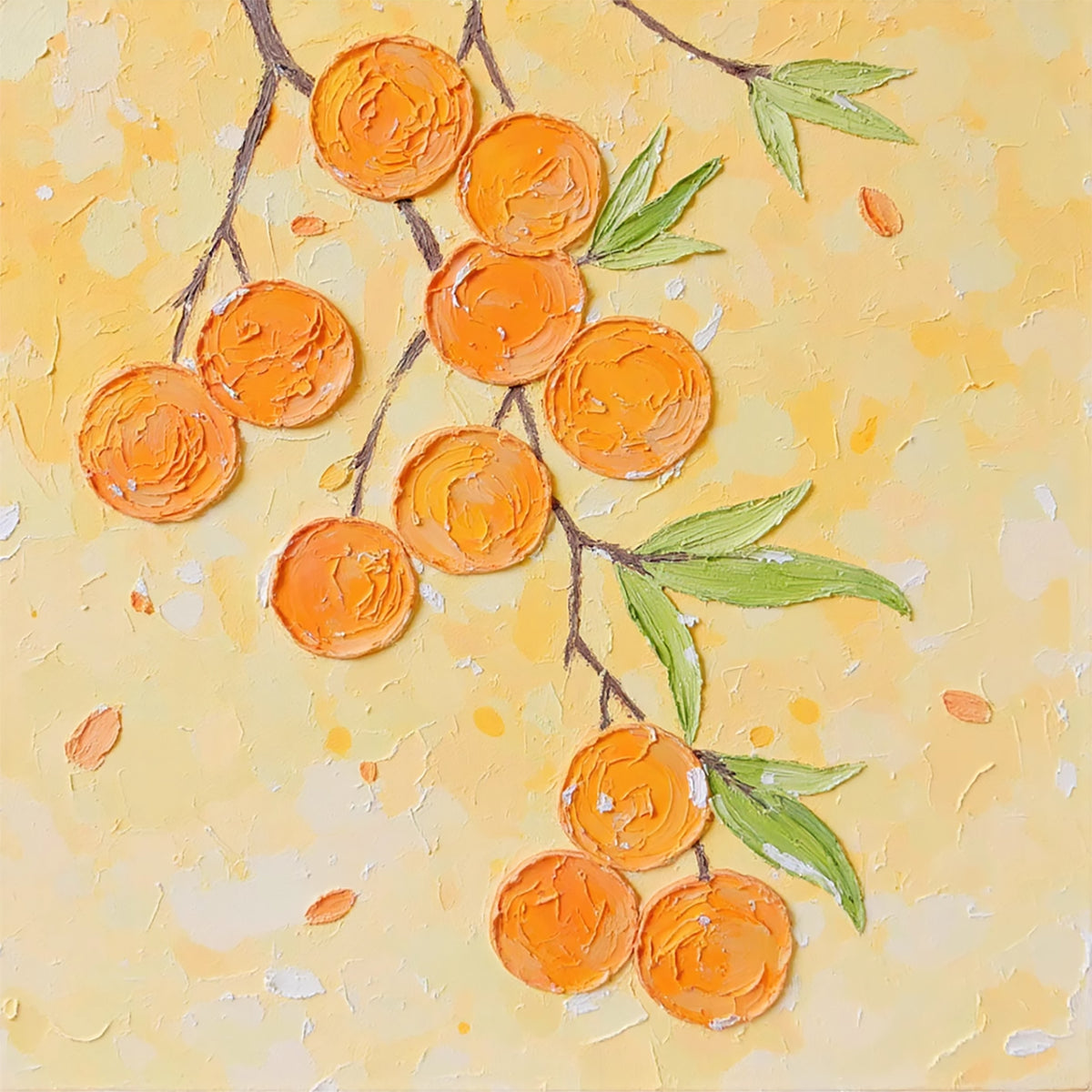 Round orange fruits hanging from a branch on sunny yellow