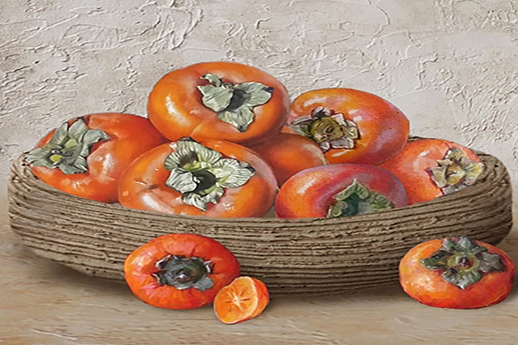 Ripe orange persimmons heaped in a woven basket