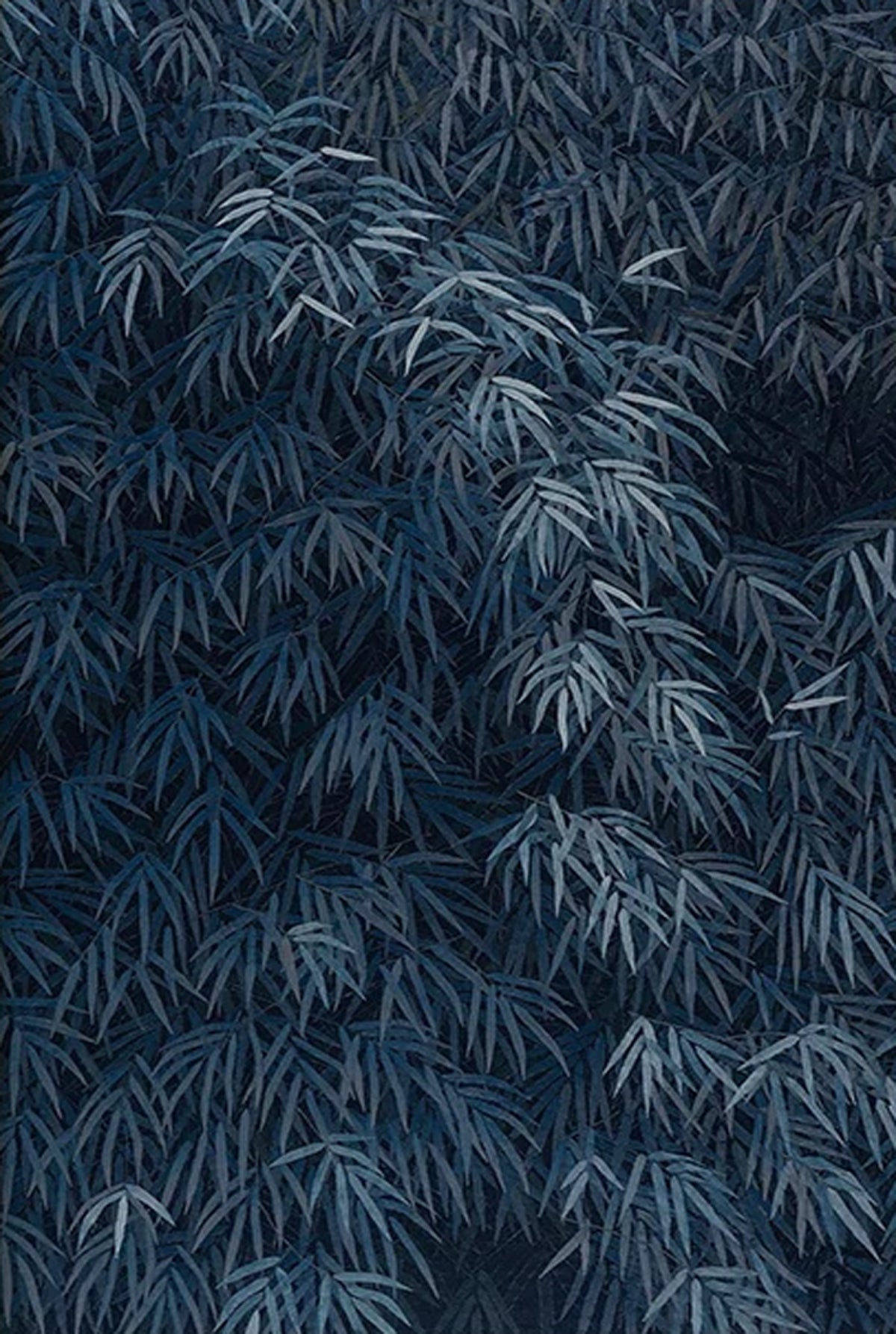 Dense bamboo leaves in silvery blue on dark navy