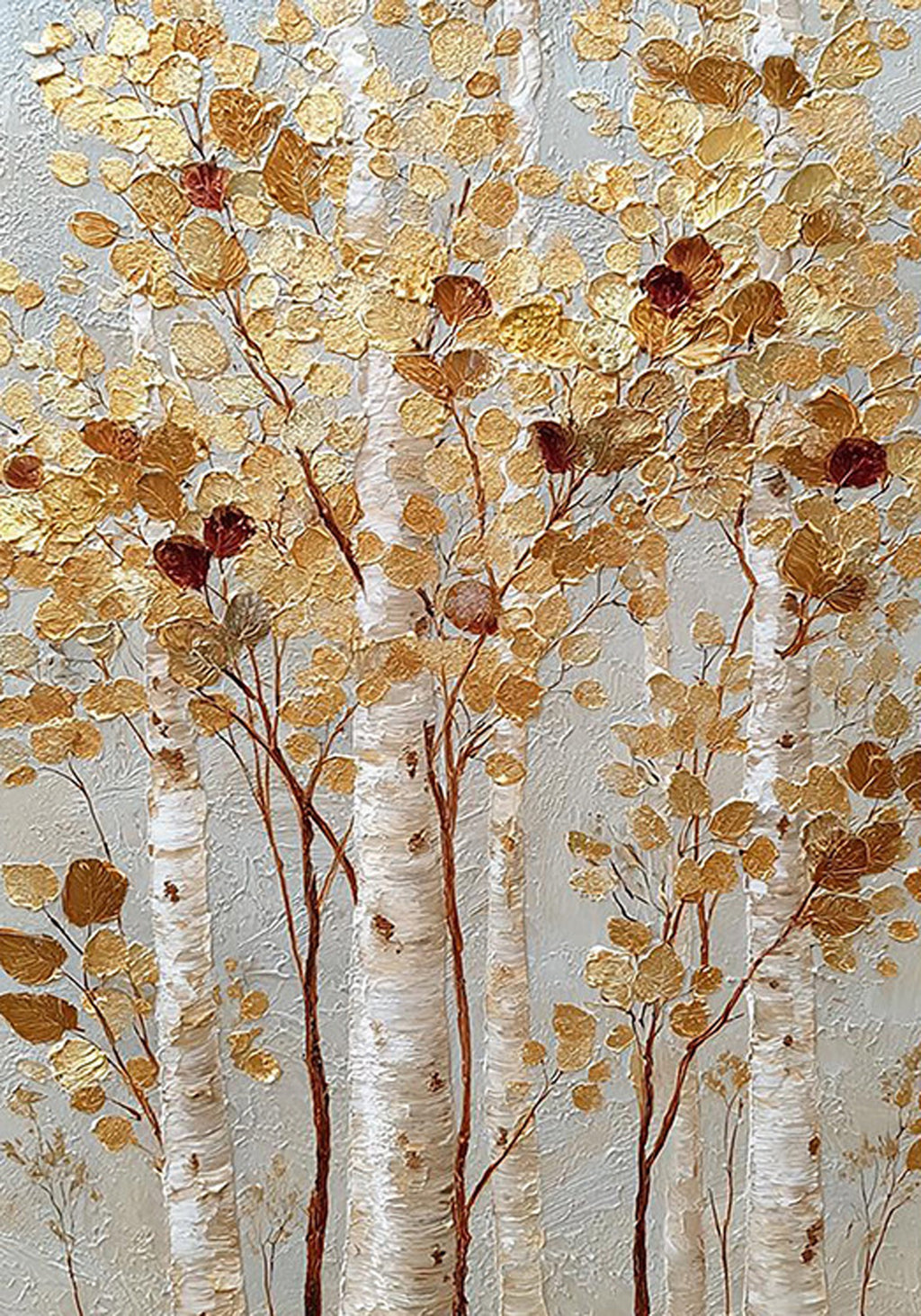 White birch trunks under shimmering gold and rust leaves