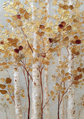 White birch trunks under shimmering gold and rust leaves