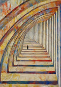 A lone figure walking a long colonnade of rainbow-striped arches