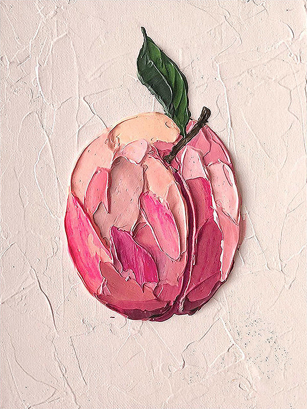 A single pink peach carved in thick paint on white
